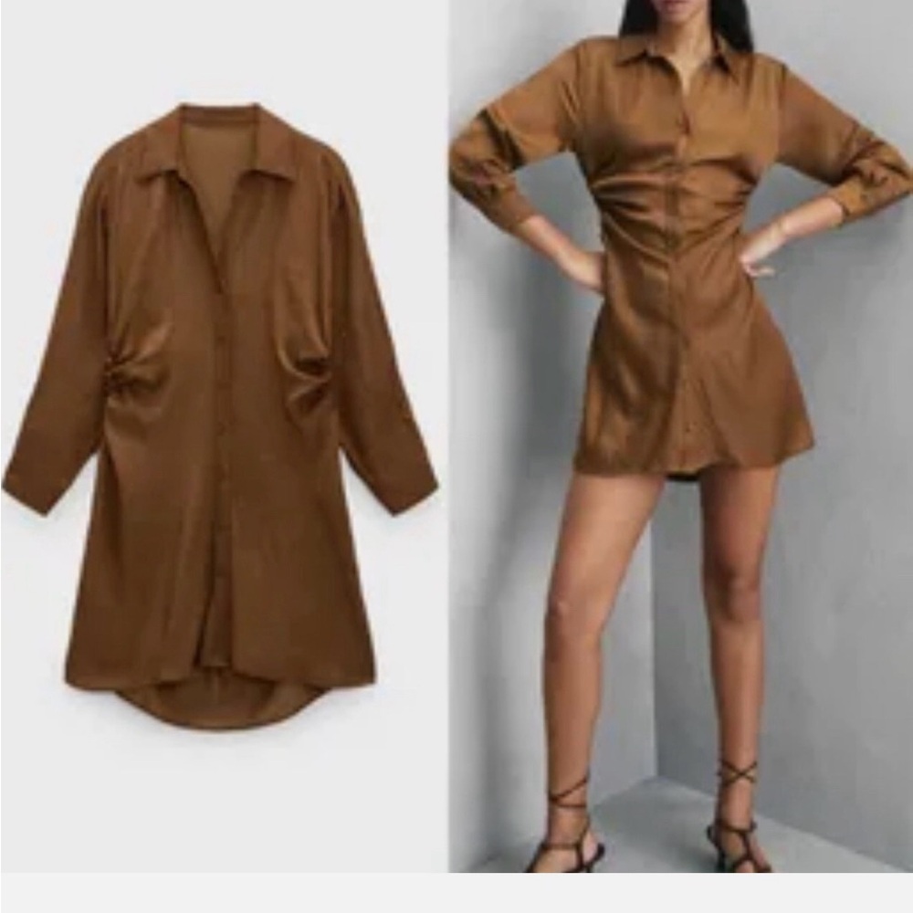 Zara Brown Satin Shirt Mini Dress